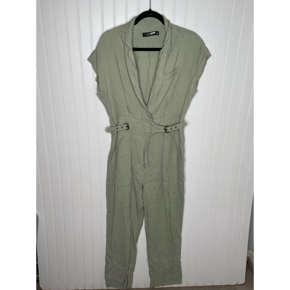 Ralph Lauren Light Green Linen Blend SS V Neck Pant Jumpsuit Size 12 - Picture 5 of 6